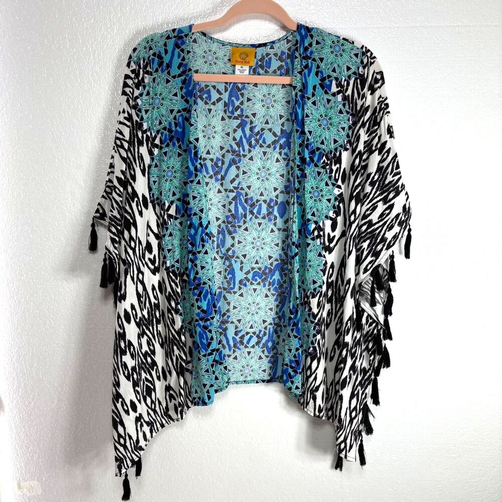 Ruby Rd Womens Size XL Aqua Black White Abstract Shawl Swimsuit Coverup Tassels